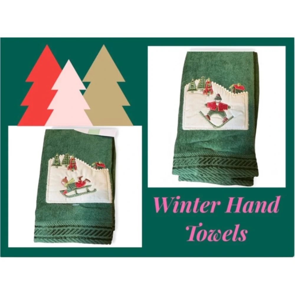 Christmas Embroidered Green Guest Towel Set NWT - Picture 1 of 12